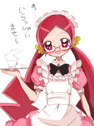 Rule 34 | 10s, 1girl, alternate costume, apron, bad id, bad pixiv id, cup, dress, enmaided, glasses, hanasaki tsubomi, haru (nature life), heartcatch precure!, long hair, maid, maid apron, open mouth, pink dress, pink eyes, pink hair, precure, ribbon, smile, teacup, teapot, tray, twintails
