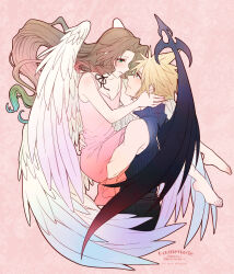 Rule 34 | 1boy, 1girl, absurdres, aerith gainsborough, angel wings, artist name, bare shoulders, barefoot, black choker, black wings, blonde hair, blue eyes, breasts, brown hair, choker, cleavage, cloud strife, couple, demon wings, dress, feathered wings, final fantasy, final fantasy vii, final fantasy vii advent children, full body, gradient hair, green eyes, hair between eyes, hair down, hand in another&#039;s hair, hand on another&#039;s waist, hetero, high collar, highres, krudears, light blush, long hair, looking at another, medium breasts, multicolored hair, parted bangs, parted lips, pink background, pink dress, ribbon choker, shirt, short hair, sidelocks, single wing, sleeveless, sleeveless dress, sleeveless shirt, spiked hair, toned, toned male, twitter username, upper body, white wings, wings