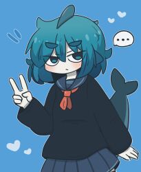 Rule 34 | ..., 1girl, black shirt, blue background, blue eyes, blue hair, blue sailor collar, blue skirt, blush, closed mouth, commentary request, fins, fish tail, fuka-chan, hair between eyes, hand up, heart, highres, long sleeves, looking at viewer, neckerchief, notice lines, original, pleated skirt, red neckerchief, sailor collar, shark tail, shirt, short eyebrows, simple background, skirt, solo, spoken ellipsis, tail, thick eyebrows, uni souchou, v