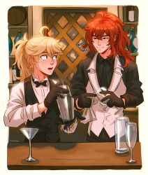 Rule 34 | 2boys, aether (genshin impact), ahoge, alcohol, alternate costume, bar (place), bartender, black bow, black bowtie, black gloves, black necktie, black shirt, black vest, blonde hair, bottle, bow, bowtie, chalseu, cocktail glass, cocktail shaker, cup, diluc (genshin impact), drinking glass, genshin impact, gloves, high ponytail, highres, indoors, long hair, long sleeves, looking at another, male focus, multiple boys, necktie, official alternate hairstyle, open mouth, red eyes, red hair, shaking, shirt, smile, vest, white vest, wine bottle, yellow eyes