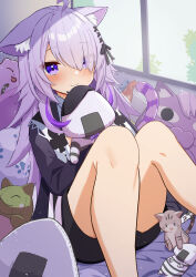 Rule 34 | 1girl, ahoge, animal ear fluff, animal ears, black shirt, black shorts, blush, cat, cat ears, cat girl, cat tail, closed mouth, commentary request, feet out of frame, hair between eyes, hair over one eye, highres, hololive, hugging object, indoors, legs, long hair, long sleeves, looking at viewer, nekomata okayu, one eye covered, onigirya (nekomata okayu), parijennu222, purple eyes, purple hair, shirt, shorts, sitting, smile, solo, stuffed animal, stuffed toy, tail, virtual youtuber, window