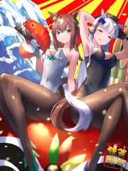 Rule 34 | 2girls, alternate costume, armpits, arms up, black leotard, blush, bow, breasts, brown hair, cleavage, closed mouth, commentary request, crossed legs, ear bow, ear ornament, feet out of frame, fishnet pantyhose, fishnets, gold ship (umamusume), green eyes, green footwear, grey hair, hair between eyes, high heels, highres, just a way (racehorse), large breasts, legs, leotard, long hair, multicolored hair, multiple girls, nontraditional playboy bunny, paddle, pantyhose, pillbox hat, purple bow, purple eyes, saikuu, smile, streaked hair, tongue, tongue out, translation request, umamusume, waves