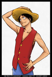 Rule 34 | 1boy, colorized, hat, highres, kubo tite, male focus, monkey d. luffy, one piece, scar, simple background, solo, straw hat, third-party edit