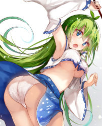 Rule 34 | 1girl, :o, arm up, armpits, ass, bent over, blue eyes, blue skirt, blush, breasts, commentary request, cowboy shot, detached sleeves, efe, from behind, gradient background, green hair, grey background, hair ornament, hair tubes, holding, kochiya sanae, large breasts, long hair, long sleeves, looking at viewer, looking back, midriff, open mouth, panties, revision, shirt, simple background, skirt, sleeveless, sleeveless shirt, snake hair ornament, solo, thighs, touhou, underboob, underwear, very long hair, white background, white panties, white shirt, wide sleeves