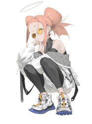 Rule 34 | 1girl, absurdres, amrkdrw, bare shoulders, black leggings, candy, double bun, ear piercing, earrings, food, full body, green eyes, hair bun, halo, head rest, highres, jacket, jewelry, leggings, lollipop, long sleeves, looking at viewer, mouth hold, off shoulder, orange-tinted eyewear, orange hair, original, piercing, round eyewear, shirt, shoes, shorts, sidelocks, simple background, sleeveless, sneakers, solo, squatting, sunglasses, tinted eyewear, white background, white footwear, white jacket, white shorts