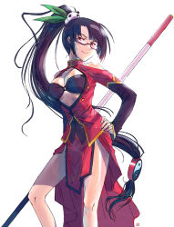 Rule 34 | 1girl, arc system works, bad id, bad pixiv id, black hair, blazblue, blazblue: calamity trigger, breasts, china dress, chinese clothes, cleavage, cleavage cutout, clothing cutout, dress, glasses, lao jiu, litchi faye ling, long hair, panda, ponytail, red eyes, simple background, smile, solo, staff, suzumaru, very long hair, yin yang