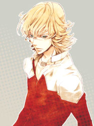 Rule 34 | 10s, 1boy, barnaby brooks jr., blonde hair, glasses, green eyes, halftone, halftone background, jacket, jewelry, male focus, matsumoto temari, necklace, red jacket, solo, tiger &amp; bunny