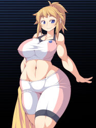 Rule 34 | 10s, 1girl, bad id, bad pixiv id, bare shoulders, bike shorts, blonde hair, blue eyes, breasts, curvy, covered erect nipples, groin, gundam, gundam build fighters, gundam build fighters try, hoshino fumina, huge breasts, looking at viewer, muscular, navel, short hair, smile, solo, thick thighs, thighs, toned, uccow, wide hips