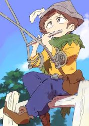 Rule 34 | 1boy, be (ronironibebe), blouse, brown eyes, brown hair, cape, crutch, hat, instrument, jimmy valmer, lute (instrument), music, paper hat, playing instrument, shirt, short hair, sitting, sitting on fence, solo, south park, south park: the stick of truth, yellow shirt