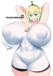 Rule 34 | 1girl, alternate breast size, amano pikamee, arms behind back, bike shorts, black hairband, blonde hair, bouncing breasts, breasts, bright pupils, colored inner hair, covered erect nipples, covered navel, curvy, gigantic breasts, green eyes, green hair, hairband, highres, looking at viewer, medium hair, motion blur, motion lines, multicolored hair, sharp teeth, shirt, simple background, sinensian, smile, solo, teeth, virtual youtuber, voms, white pupils, white shirt
