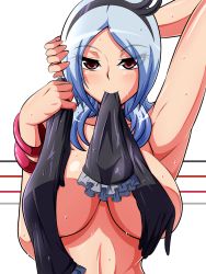 Rule 34 | 00s, 1girl, aokura shou, arm up, armpits, black gloves, blue hair, blush, breasts, cleavage, collarbone, covering privates, eas (fresh precure!), female focus, fresh precure!, gloves, hairband, higashi setsuna, highres, large breasts, looking at viewer, navel, nude, nude cover, precure, red eyes, short hair, simple background, smile, solo, staring, sweat, underboob
