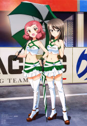 Rule 34 | 10s, absurdres, alternate costume, belt, boots, bracelet, breasts, brown eyes, brown hair, cleavage, crop top, full body, girls und panzer, green skirt, green umbrella, hand on own hip, high heel boots, high heels, highres, holding, itou takeshi, jewelry, layered skirt, logo, long hair, looking at viewer, mc axis, medium breasts, midriff, mika (girls und panzer), military, military vehicle, motor vehicle, navel, official art, print footwear, race queen, red hair, rosehip (girls und panzer), shirt, short hair, skirt, standing, tank, thigh boots, thighhighs, umbrella, white belt, white footwear, white shirt