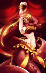 Rule 34 | 10s, 1girl, :d, armpits, bangle, bracelet, breasts, dancer, dancing, fangs, female focus, jewelry, lamia, large breasts, loen, long hair, miia (monster musume), monster girl, monster musume no iru nichijou, mouth veil, open mouth, red hair, scales, slit pupils, smile, solo, veil, very long hair, yellow eyes
