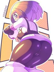 Rule 34 | 1girl, absurdres, anus, ass, ass focus, blush, bodysuit, boku no hero academia, breasts, brown eyes, brown hair, cleft of venus, headset, highres, kaikoinu, large breasts, open mouth, orange background, own hands together, pussy, short hair, skin tight, solo, uraraka ochako, white background