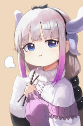 Rule 34 | 1girl, absurdres, black hairband, blue eyes, bow hairband, breath, child, chopsticks, closed mouth, commentary, english commentary, fur collar, gradient hair, hairband, highres, holding, holding chopsticks, horns, kanna kamui, kobayashi-san chi no maidragon, long sleeves, looking at viewer, mac star, multicolored hair, purple hair, simple background, solo, upper body, white hair, yellow background