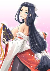 Rule 34 | 1girl, bare shoulders, black hair, blue eyes, blush, breasts, breasts out, hair ribbon, hand fan, highres, hikage (sennen sensou aigis), japanese clothes, large breasts, long hair, looking at viewer, looking back, miko, nipples, no bra, open clothes, open mouth, pantyhose, ribbon, sennen sensou aigis, smile, solo, traditional clothes