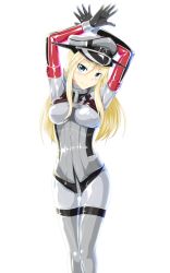 Rule 34 | 10s, 1girl, adapted costume, arms up, bismarck (kancolle), blonde hair, blue eyes, bodysuit, corset, covered erect nipples, hat, highres, kantai collection, latex, latex bodysuit, long hair, peaked cap, shiny clothes, skin tight, skirt, smile, tamakko, thigh gap, white background