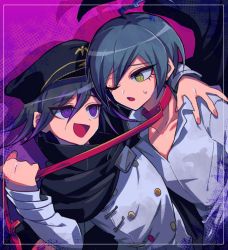 Rule 34 | 2boys, :d, ahoge, alternate hair color, black cape, black headwear, black jacket, buttons, cape, collar, commentary request, danganronpa (series), danganronpa v3: killing harmony, double-breasted, gradient background, green eyes, green hair, grey shirt, hair between eyes, hat, holding, holding leash, jacket, leash, long sleeves, looking at another, male focus, multiple boys, one eye closed, open mouth, oma kokichi, pink background, pink hair, purple eyes, red collar, saihara shuichi, sasakama (sasagaki01), shirt, short hair, smile, straitjacket, sweatdrop, upper body, yaoi
