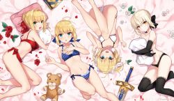 Rule 34 | 10s, 4girls, :d, absurdres, ahoge, artoria pendragon (all), artoria pendragon (fate), avalon (fate/stay night), bare legs, bare shoulders, barefoot, black gloves, black panties, black thighhighs, blonde hair, blue bra, blue eyes, blue panties, bra, breasts, cleavage, collarbone, elbow gloves, excalibur (fate/stay night), fate/extra, fate/stay night, fate/unlimited codes, fate (series), feet, flower, gloves, gluteal fold, green eyes, hair bun, hair intakes, hair ribbon, hand on own chest, highres, hugging object, lace, lace-trimmed bra, lace-trimmed gloves, lace-trimmed legwear, lace trim, leg up, looking at viewer, lying, medium breasts, multiple girls, navel, nero claudius (fate), nero claudius (fate) (all), nero claudius (fate/extra), official alternate costume, on side, open mouth, panties, petals, red bra, red panties, ribbon, saber (fate), saber alter, saber lily, shirako miso, side-tie panties, single hair bun, small breasts, smile, striped bra, striped clothes, striped panties, stuffed animal, stuffed toy, sword, thighhighs, topless, underwear, underwear only, vertical-striped bra, vertical-striped clothes, weapon, white bra, white panties, yellow eyes