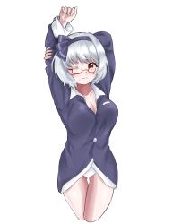 Rule 34 | 1girl, ;3, adapted costume, arms up, black hairband, black pajamas, black ribbon, bob cut, breasts, cleavage, commentary request, commission, cowboy shot, eyelashes, glasses, hair ribbon, hairband, highres, konpaku youmu, long sleeves, medium breasts, no pants, one eye closed, pajamas, panties, red-framed eyewear, red eyes, ribbon, round eyewear, short hair, silver hair, small breasts, standing, taeminhyeon, touhou, underwear, white panties