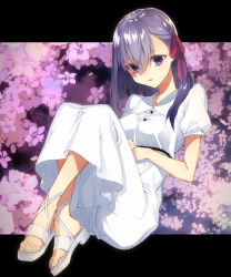 Rule 34 | 1girl, black ribbon, breasts, commentary request, dress, fate/stay night, fate (series), floral print, hair between eyes, hair ribbon, heaven&#039;s feel, highres, long hair, looking at viewer, matou sakura, medium breasts, official alternate costume, parted lips, purple eyes, purple hair, red ribbon, ribbon, shimi to ufu, shoes, short sleeves, solo, white dress, white footwear