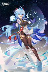 Rule 34 | absurdres, ahoge, bare shoulders, bell, black gloves, blue hair, breasts, chinese knot, covered navel, curled horns, detached sleeves, full body, full moon, ganyu (genshin impact), genshin impact, gloves, gold trim, high heels, highres, horns, ice, large breasts, leotard, leotard under clothes, long hair, looking at viewer, magic, mcic0, moon, neck bell, one eye closed, open mouth, orb, purple eyes, sidelocks, sky, smile, solo, star (sky), starry sky, tassel, thigh gap, thighlet, thighs, very long hair, vision (genshin impact), white sleeves