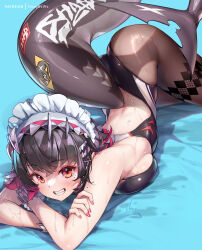 Rule 34 | 1girl, alternate costume, argyle, argyle clothes, argyle legwear, ass, black hair, black one-piece swimsuit, black pantyhose, blush, breast press, breasts, colored inner hair, ellen joe, fins, fish tail, grin, hair ornament, highres, hong (white spider), horn hairband, large breasts, looking at viewer, maid headdress, mole, mole on arm, mole under eye, multicolored hair, one-piece swimsuit, pantyhose, pantyhose under swimsuit, patreon username, red eyes, red hair, shark girl, shark tail, short hair, smile, solo, swimsuit, tail, wet, white headdress, x hair ornament, zenless zone zero