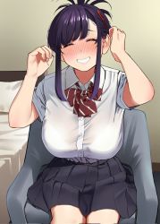 Rule 34 | 1girl, bed, black hair, black skirt, blush, bra visible through clothes, breasts, chair, closed eyes, commentary request, corrupted twitter file, elder cousin (igarashi kyouhei), grin, hair behind ear, hair ornament, hair up, hairclip, highres, igarashi kyouhei, large breasts, looking at viewer, medium hair, original, pillow, pleated skirt, school uniform, shirt, short sleeves, sidelocks, sitting, skirt, smile, solo, white shirt