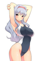 Rule 34 | 1girl, armpits, arms up, blush, breasts, competition swimsuit, covered navel, curvy, hair intakes, hairband, highres, idolmaster, idolmaster (classic), kyokutou hentai samurai, large breasts, long hair, one-piece swimsuit, red eyes, shijou takane, silver hair, simple background, smile, solo, swimsuit, white background, wide hips