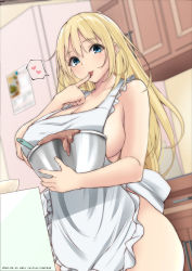 Rule 34 | 1girl, alternate costume, apron, atago (kancolle), blonde hair, bowl, breasts, collarbone, cowboy shot, finger to mouth, green eyes, heart, highres, holding, holding bowl, huge breasts, indoors, kantai collection, kitchen, licking, licking finger, long hair, mature female, naked apron, refrigerator, solo, speech bubble, spoken heart, standing, timato, white apron