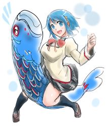 Rule 34 | 10s, :d, bad id, bad pixiv id, blue hair, bow, duralu500, fish, hair ornament, hairclip, mahou shoujo madoka magica, mahou shoujo madoka magica (anime), miki sayaka, open mouth, riding, school uniform, short hair, simple background, smile, solo, white background