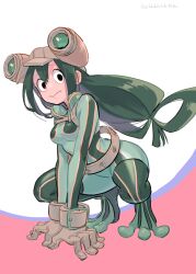 asui_tsuyu belt bodysuit boku_no_hero_academia boots breasts frog_girl gloves green_bodysuit green_hair hair_between_eyes hair_knot helmet long_hair looking_at_viewer low-tied_long_hair medium_breasts multicolored_background ohhhhhhtsu red_background sideways_glance simple_background squatting thigh_boots very_long_hair white_background