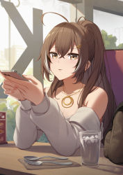 Rule 34 | 1girl, absurdres, ahoge, alternate costume, bare shoulders, booth seating, brown bag, brown eyes, brown hair, building, cellphone, erezu, fork, glass, hair ornament, hairclip, highres, hololive, hololive english, ice, ice cube, iphone, jewelry, kfp, long hair, looking at viewer, multicolored hair, nail polish, nanashi mumei, napkin, necklace, off-shoulder shirt, off shoulder, phone, ponytail, restaurant, shirt, smartphone, spoon, streaked hair, table, tree, very long hair, virtual youtuber, water, wooden table