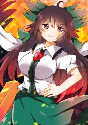 Rule 34 | 1girl, arm cannon, bird wings, black hair, black wings, blush, bow, breasts, brown eyes, cape, center frills, collared shirt, frilled shirt collar, frills, green bow, green skirt, hair bow, highres, long hair, puffy short sleeves, puffy sleeves, red eyes, reiuji utsuho, shirt, short sleeves, skirt, smile, solo, starry sky print, third eye, touhou, weapon, white cape, white shirt, wings, zerokosan