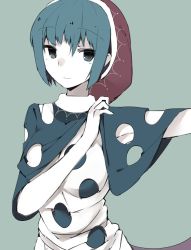 Rule 34 | 1girl, antinomy of common flowers, blue background, blue eyes, blue hair, breasts, capelet, closed mouth, commentary request, doremy sweet, dress, hair between eyes, hat, looking at viewer, medium breasts, nightcap, sakaki (utigi), short hair, simple background, sleeveless, sleeveless dress, smile, solo, tail, tapir tail, touhou, upper body, white dress