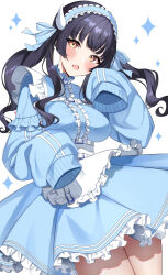 Rule 34 | 1girl, :o, alternate costume, apron, black hair, blue jacket, blush, breasts, center frills, commentary request, enmaided, frilled apron, frilled hairband, frills, gawawawa, hairband, highres, idolmaster, idolmaster shiny colors, jacket, jersey maid, long sleeves, looking at viewer, maid, mayuzumi fuyuko, medium breasts, sleeves past fingers, sleeves past wrists, solo, sparkle print, thighs, track jacket, twintails, unconventional maid, waist apron, white apron, white background, wing hair ornament