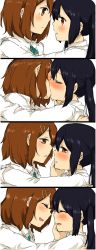Rule 34 | 2girls, 4koma, :d, aoi chiruko, black hair, blush, brown eyes, brown hair, comic, couple, eye contact, closed eyes, hair ornament, hairclip, hand on another&#039;s face, highres, hirasawa yui, imminent kiss, k-on!, kiss, looking at another, multiple girls, nakano azusa, open mouth, profile, round teeth, school uniform, short hair, smile, teeth, twintails, yuri