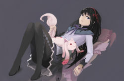 Rule 34 | 10s, 2girls, :3, akemi homura, black hair, boots, different reflection, elrowa, gloves, hair ribbon, highres, kaname madoka, kyubey, lying, mahou shoujo madoka magica, mahou shoujo madoka magica (anime), multiple girls, on back, pantyhose, pink hair, purple eyes, red eyes, reflection, ribbon, short twintails, skirt, tail, tail grab, tears, thigh boots, thighhighs, twintails