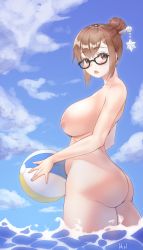 Rule 34 | 1girl, :o, artist name, ass, bad id, bad pixiv id, ball, beachball, black-framed eyewear, blue nails, blue sky, blush, brown eyes, brown hair, cloud, cloudy sky, collarbone, completely nude, cowboy shot, day, eyelashes, fingernails, from side, glasses, groin, hair bun, hair ornament, hair stick, harry (dudwofla), highres, holding, holding ball, legs together, looking at viewer, mei (overwatch), nail polish, nipples, nude, open mouth, outdoors, overwatch, overwatch 1, partially submerged, short hair, single hair bun, sky, snowflake hair ornament, solo, standing, thighs, wading, water