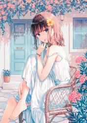 Rule 34 | 1girl, aqua nails, bare shoulders, barefoot, blue eyes, blush, bracelet, brown hair, building, chair, closed mouth, commentary, door, dress, earrings, feet, flower, french commentary, hair flower, hair ornament, hand up, highres, hiten (hitenkei), index finger raised, jewelry, knee up, leg up, looking at viewer, medium hair, nail polish, original, outdoors, pink flower, plant, potted plant, sitting, sleeveless, sleeveless dress, smile, solo, spaghetti strap, toenail polish, toenails, toes, white dress