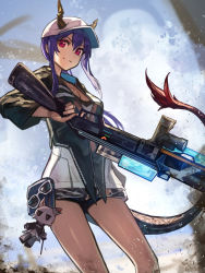 Rule 34 | 1girl, aito, arknights, baseball cap, black jacket, blue hair, cameo, ch&#039;en (arknights), ch&#039;en the holungday (arknights), charm (object), cowboy shot, dragon girl, dragon horns, dragon tail, female focus, fur-tipped tail, gun, hair between eyes, hat, highres, holding, holding gun, holding weapon, horns, horns through headwear, jacket, long hair, official alternate costume, red eyes, sidelocks, smile, solo, split mouth, sunglasses, swimsuit, tail, talulah (arknights), talulah the fighter (arknights), unworn eyewear, weapon, white hat