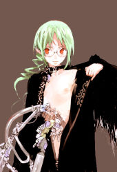 Rule 34 | androgynous, coat, flat chest, gender request, glasses, green hair, humi, male focus, nipples, original, pointy ears, red eyes, topless male, solo, toi8
