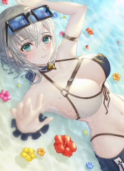 Rule 34 | 1girl, alternate costume, blush, breasts, cleavage, green eyes, highres, hololive, large breasts, looking at viewer, mole, mole on breast, shirogane noel, shirogane noel (summer 2020), smile, solo, sunglasses, swimsuit, uni (uni9248), virtual youtuber, water, white hair