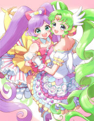 Rule 34 | :d, ahoge, bare shoulders, blush, bow, colored eyelashes, commentary request, detached sleeves, dress, falulu, falulu (awakened), forehead jewel, frilled dress, frills, green eyes, green hair, grey eyes, hair bow, headphones, highres, idol clothes, jinno (jin c kkry), layered dress, long hair, looking at viewer, looking back, manaka laala, open mouth, parted bangs, pink bow, pretty series, pripara, puffy detached sleeves, puffy sleeves, purple hair, sidelocks, sitting, smile, treble clef, twintails, very long hair, white dress, white wings, wing hair ornament, wings