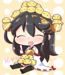 Rule 34 | 10s, 1girl, :d, ^ ^, animal, animal on head, bare shoulders, bird, black hair, black thighhighs, chibi, chick, closed eyes, detached sleeves, haruna (kancolle), headgear, kantai collection, long hair, meme, nontraditional miko, on head, open mouth, ribbon-trimmed sleeves, ribbon trim, simple background, smile, solo, thighhighs, too many, tsukko (3ki2ne10), twitter username, wide sleeves