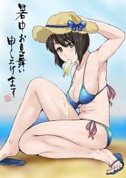 Rule 34 | 1girl, black hair, breasts, chloe valens, cholesenel, dripping, covered erect nipples, food, hat, highres, medium breasts, popsicle, sandals, sexually suggestive, shochuumimai, short hair, sweat, tales of (series), tales of legendia, yellow eyes