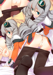 Rule 34 | 1girl, anus, aqua eyes, ass, bent over, blush, bow, brown pantyhose, censored, clothes pull, drill hair, from behind, goggles, goggles on head, grey hair, hair bobbles, hair ornament, kirishima satoshi, long hair, maria balthasar, pantyhose, pantyhose pull, pussy, solo, xeno (series), xenogears, yellow bow
