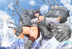 Rule 34 | 1girl, armpits, black hair, breasts, cannon, cloud, cocoa (cocoa0191), commentary request, damaged, day, detached sleeves, fundoshi, fusou (kancolle), fusou kai ni (kancolle), hair ornament, highres, japanese clothes, kantai collection, large breasts, long hair, low-tied long hair, nontraditional miko, open mouth, outdoors, red eyes, red skirt, rigging, skirt, sky, solo, tabi, thigh strap, torn clothes, torn skirt, turret, very long hair, wet, white legwear