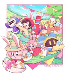 Rule 34 | 2girls, :d, :o, ^ ^, adeleine, animal ears, armor, armored boots, artist name, bandana, bandana waddle dee, basket, beret, bird, bird nest, blue bandana, blue eyes, blue sky, blush, blush stickers, boots, border, bow, brown hair, brown headwear, bush, cape, carrot, character request, closed eyes, cloud, commentary request, confetti, day, dress, easter, easter egg, egg, eggshell, fairy, fairy wings, fake animal ears, flower, fur-trimmed jacket, fur-trimmed sleeves, fur trim, gloves, grass, green dress, hair flower, hair ornament, hairband, hands up, happy easter, hat, hat flower, holding, holding basket, jacket, king dedede, kirby, kirby (series), long sleeves, magolor, mask, meta knight, midooka (o k k), multiple girls, nest, nintendo, open mouth, orange flower, outdoors, outside border, pauldrons, pinafore dress, pink bow, pink dress, pink flower, pink hair, purple footwear, rabbit ears, rayman limbs, red headwear, red jacket, ribbon (kirby), shirt, short hair, shoulder armor, signature, sky, sleeveless, sleeveless dress, smile, sparkle, squiggle, star (symbol), straw hat, string of flags, top hat, tree, white border, white hairband, wings, yellow eyes, yellow flower, yellow gloves, yellow shirt