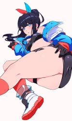 Rule 34 | 1girl, absurdres, ass, bare shoulders, black gloves, black hair, black skirt, blue eyes, blue jacket, blue ribbon, breasts, colored shoe soles, crop top, gloves, gridman universe, gridman universe (film), hair ribbon, halterneck, hand on own hip, highres, jacket, leg tattoo, long hair, looking at viewer, lying, medium breasts, microskirt, multicolored clothes, multicolored jacket, multicolored ribbon, navel, off shoulder, official alternate costume, official alternate hairstyle, on side, open clothes, open jacket, open mouth, pencil skirt, ponytail, red ribbon, red socks, ribbon, shoes, sidelocks, simple background, single sidelock, skirt, sneakers, socks, solo, ssss.gridman, takarada rikka, takarada rikka (solarain toys), tattoo, thick thighs, thigh strap, thighs, white background, white footwear, white jacket, yumemori jabara